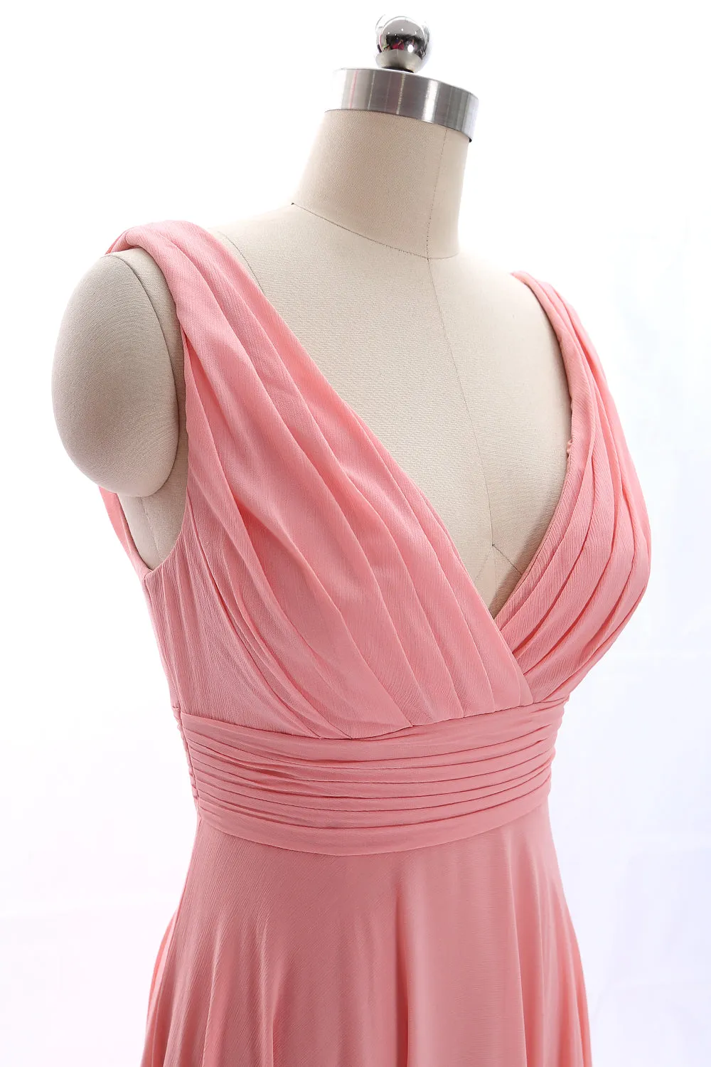 MACloth Straps V Neck Cowl Back Chiffon Peach Prom Dress Long Bridesmaid Gown