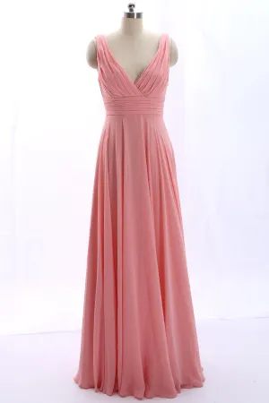 MACloth Straps V Neck Cowl Back Chiffon Peach Prom Dress Long Bridesmaid Gown