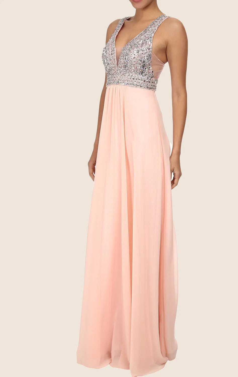 MACloth Straps V Neck Crystals Chiffon Maxi Prom Dress Peach Formal Gown