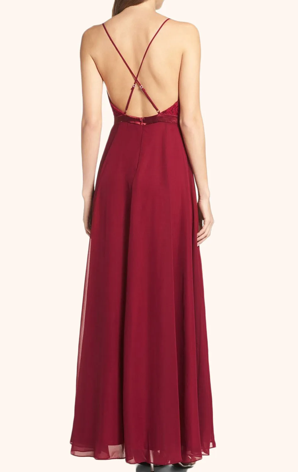 MACloth Straps V Neck Lace Chiffon Long Prom Dress Burgundy Formal Gown