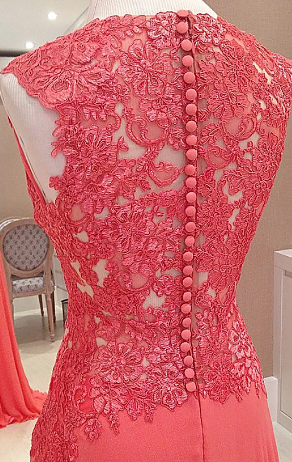 MACloth Straps V Neck Lace Chiffon Long Prom Dress Formal Party Gown