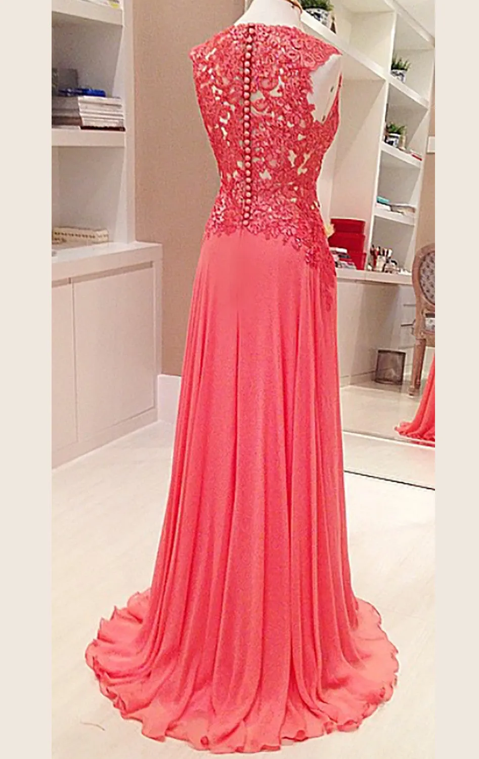MACloth Straps V Neck Lace Chiffon Long Prom Dress Formal Party Gown