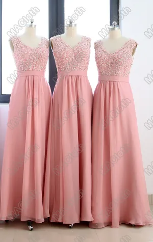 MACloth Straps V Neck Lace Chiffon Long Prom Dress with Open Back Blush Pink Formal Gown