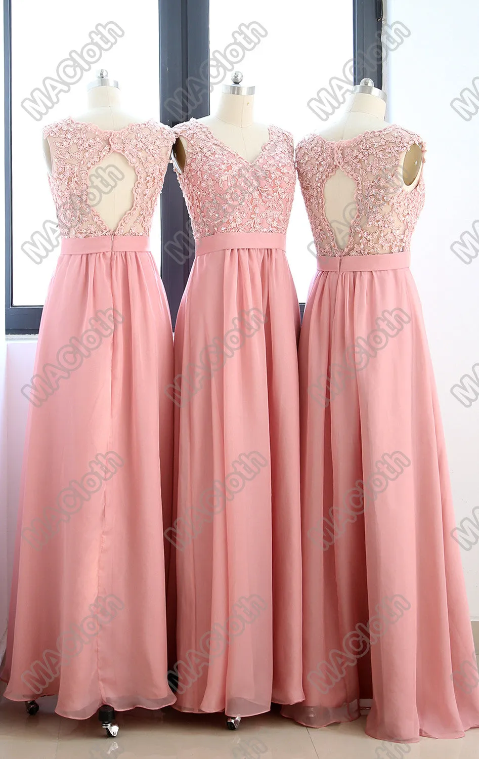 MACloth Straps V Neck Lace Chiffon Long Prom Dress with Open Back Blush Pink Formal Gown