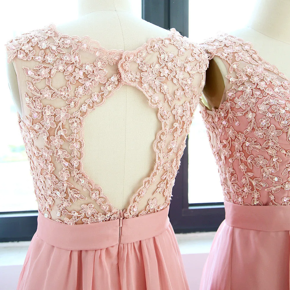 MACloth Straps V Neck Lace Chiffon Long Prom Dress with Open Back Blush Pink Formal Gown