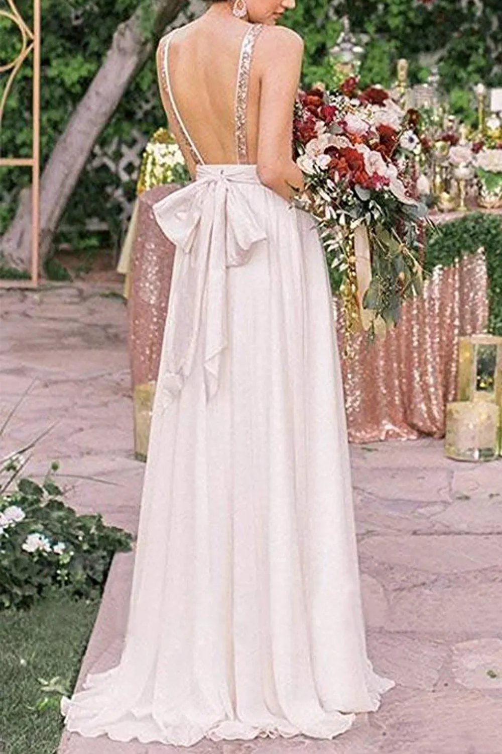 MACloth Straps V Neck Sequin Chiffon Long Prom Dress Ivory Formal Evening Gown