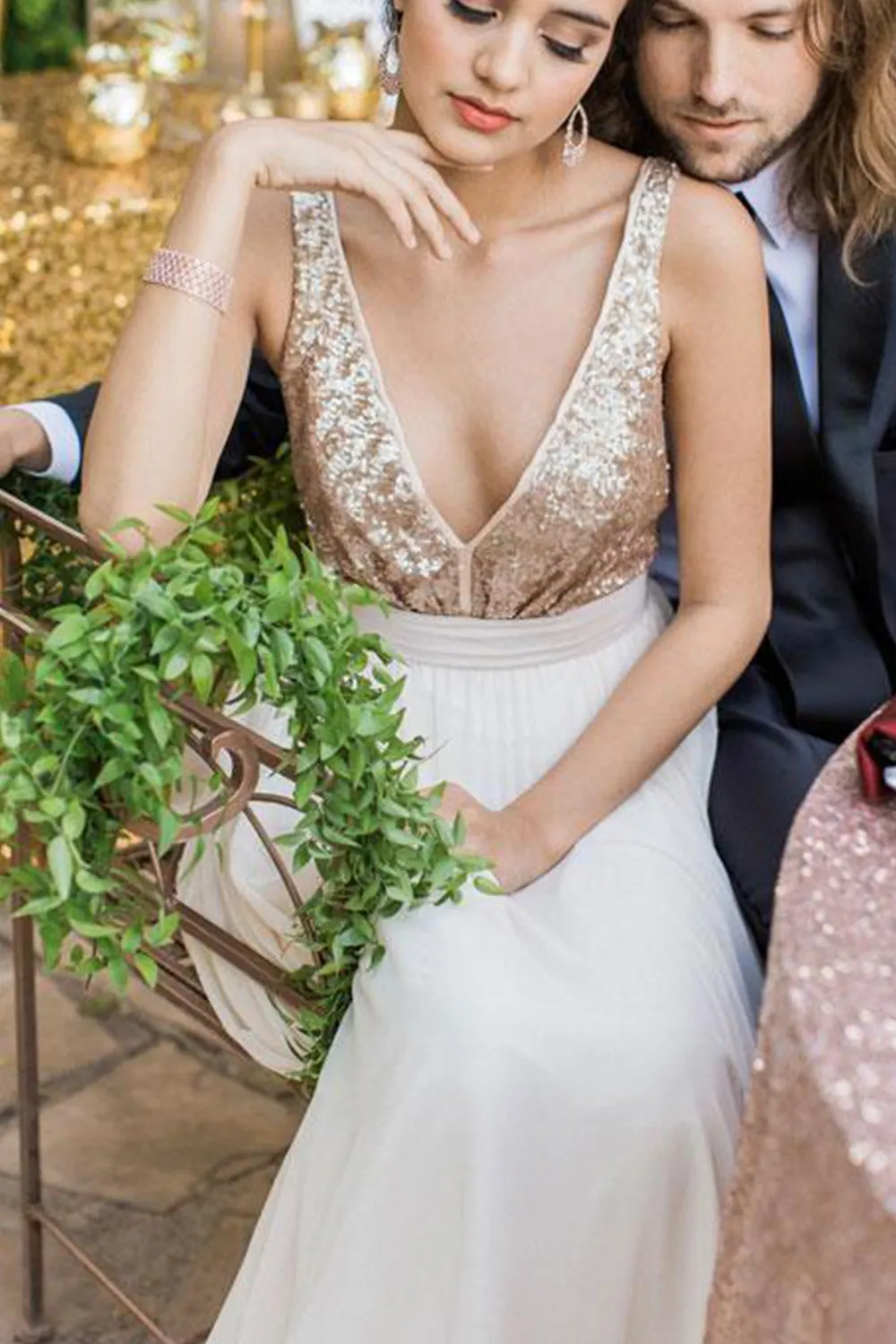 MACloth Straps V Neck Sequin Chiffon Long Prom Dress Ivory Formal Evening Gown