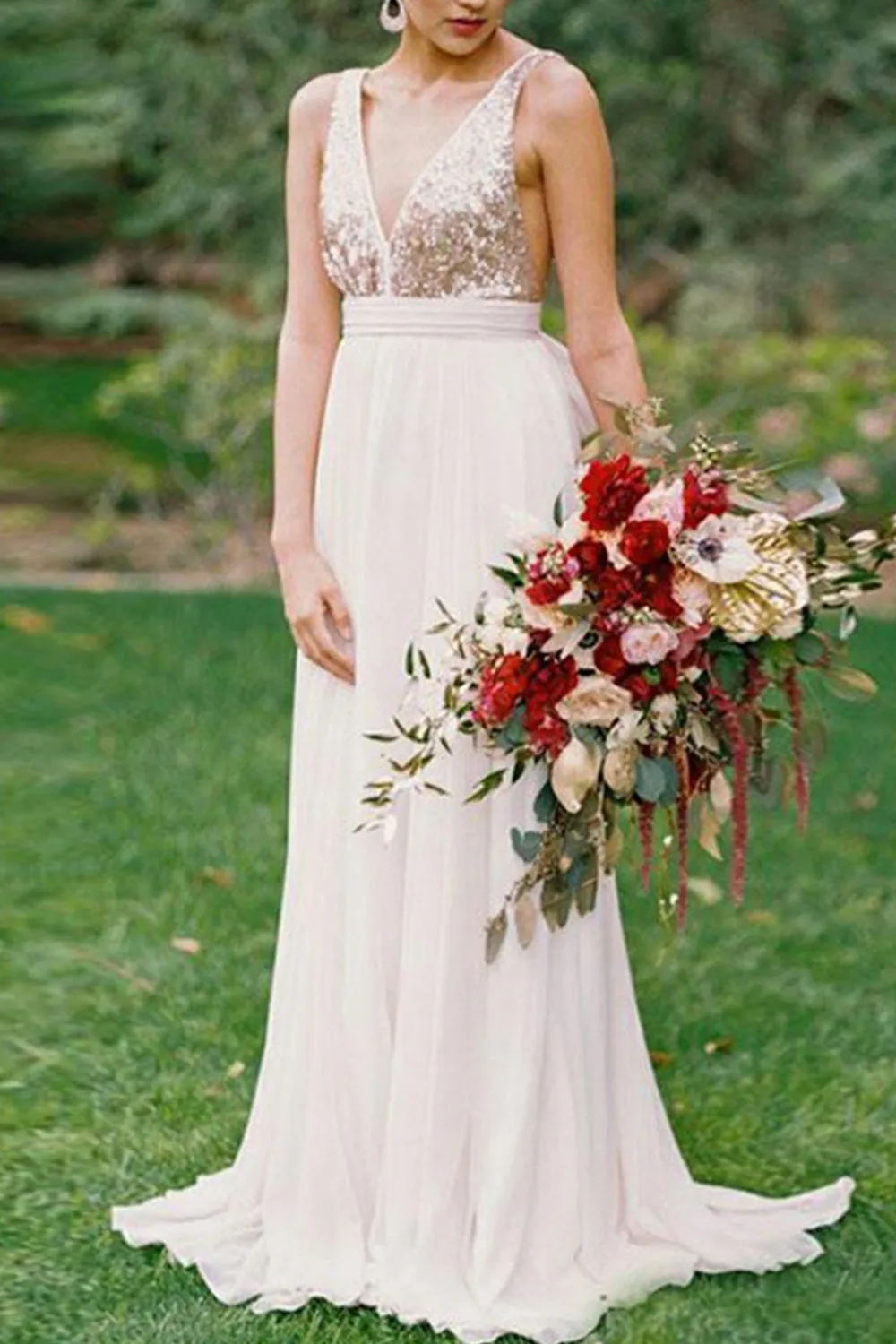 MACloth Straps V Neck Sequin Chiffon Long Prom Dress Ivory Formal Evening Gown