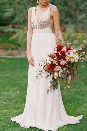 MACloth Straps V Neck Sequin Chiffon Long Prom Dress Ivory Formal Evening Gown