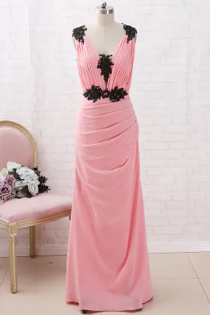 MACloth Straps V Neck with Lace Chiffon Maxi Prom Dress Blush Formal Evening Gown