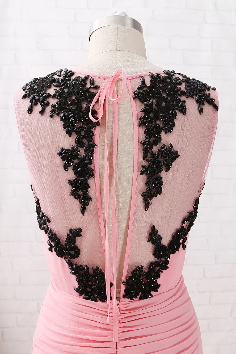 MACloth Straps V Neck with Lace Chiffon Maxi Prom Dress Blush Formal Evening Gown