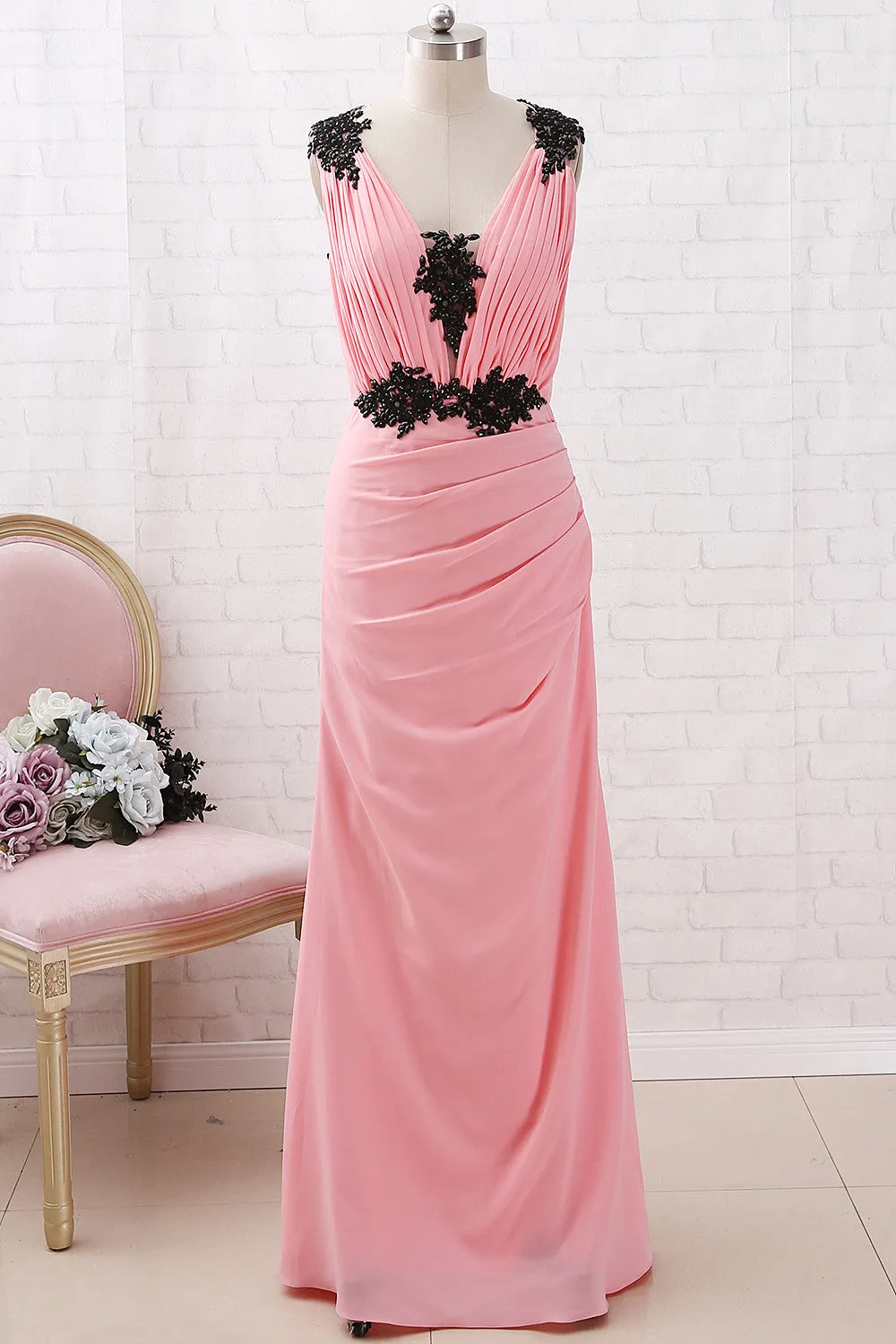 MACloth Straps V Neck with Lace Chiffon Maxi Prom Dress Blush Formal Evening Gown