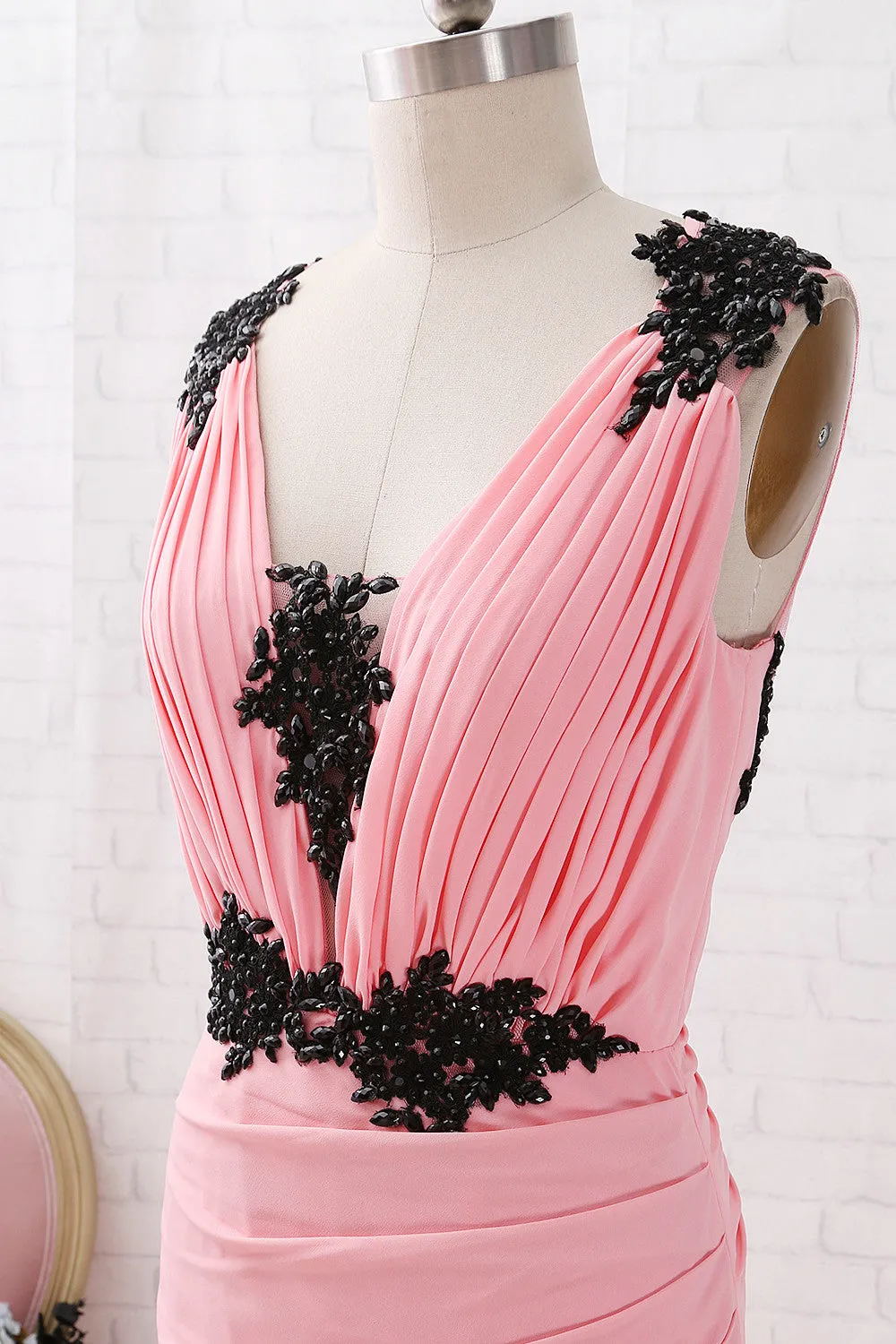 MACloth Straps V Neck with Lace Chiffon Maxi Prom Dress Blush Formal Evening Gown
