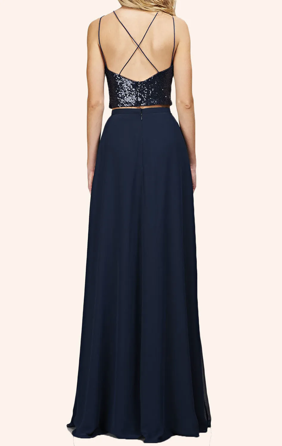 MACloth Two Piece Sequin Chiffon Long Bridesmaid Dress Simple Prom Gown