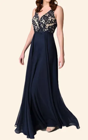 MACloth V Neck Lace Chiffon Long Bridesmaid Dress Dark Navy Simple Prom Gown