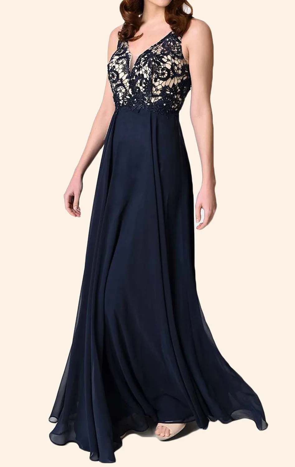 MACloth V Neck Lace Chiffon Long Bridesmaid Dress Dark Navy Simple Prom Gown