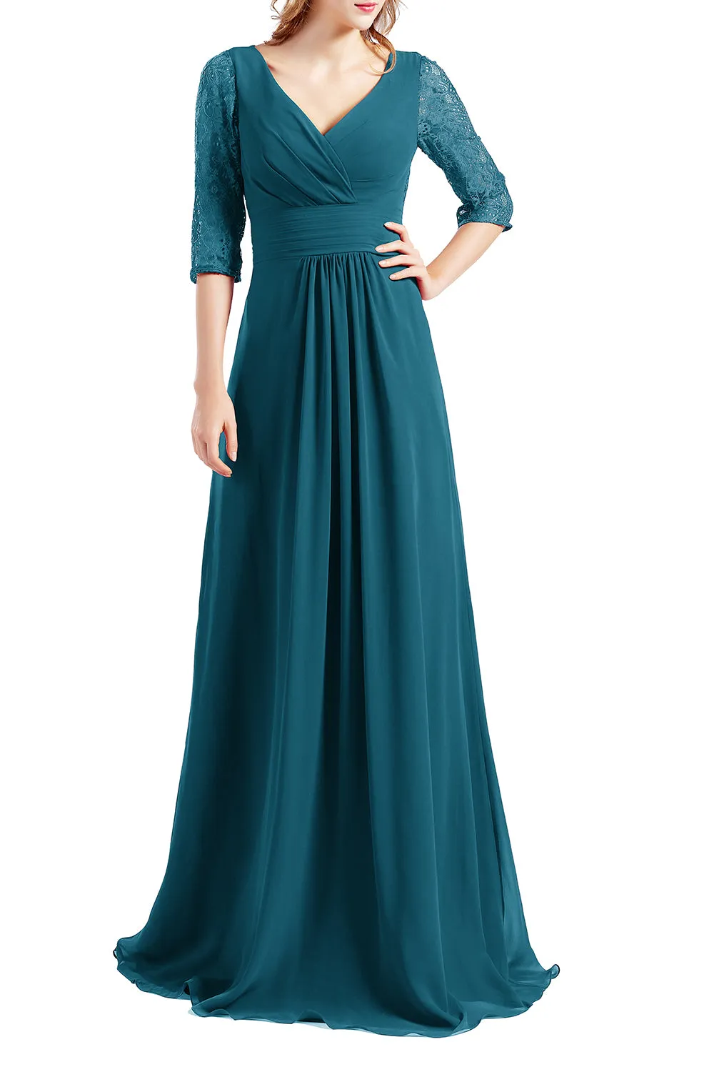 MACloth Women Half Sleeve V Neck Lace Long Wedding Party Bridesmaid Mother Dress