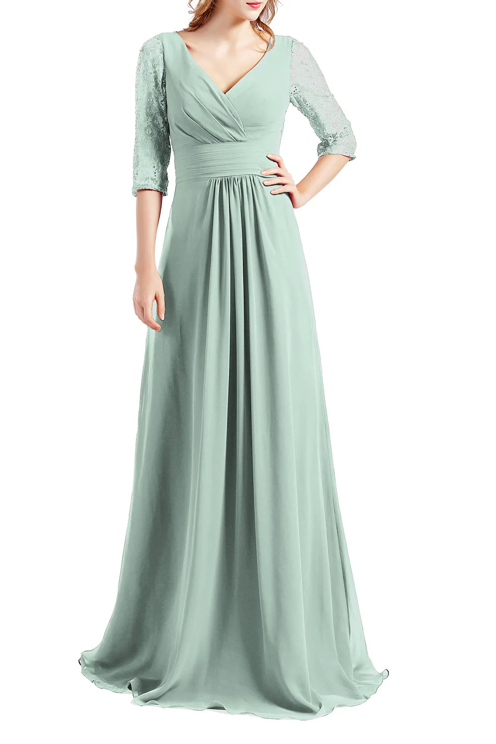 MACloth Women Half Sleeve V Neck Lace Long Wedding Party Bridesmaid Mother Dress