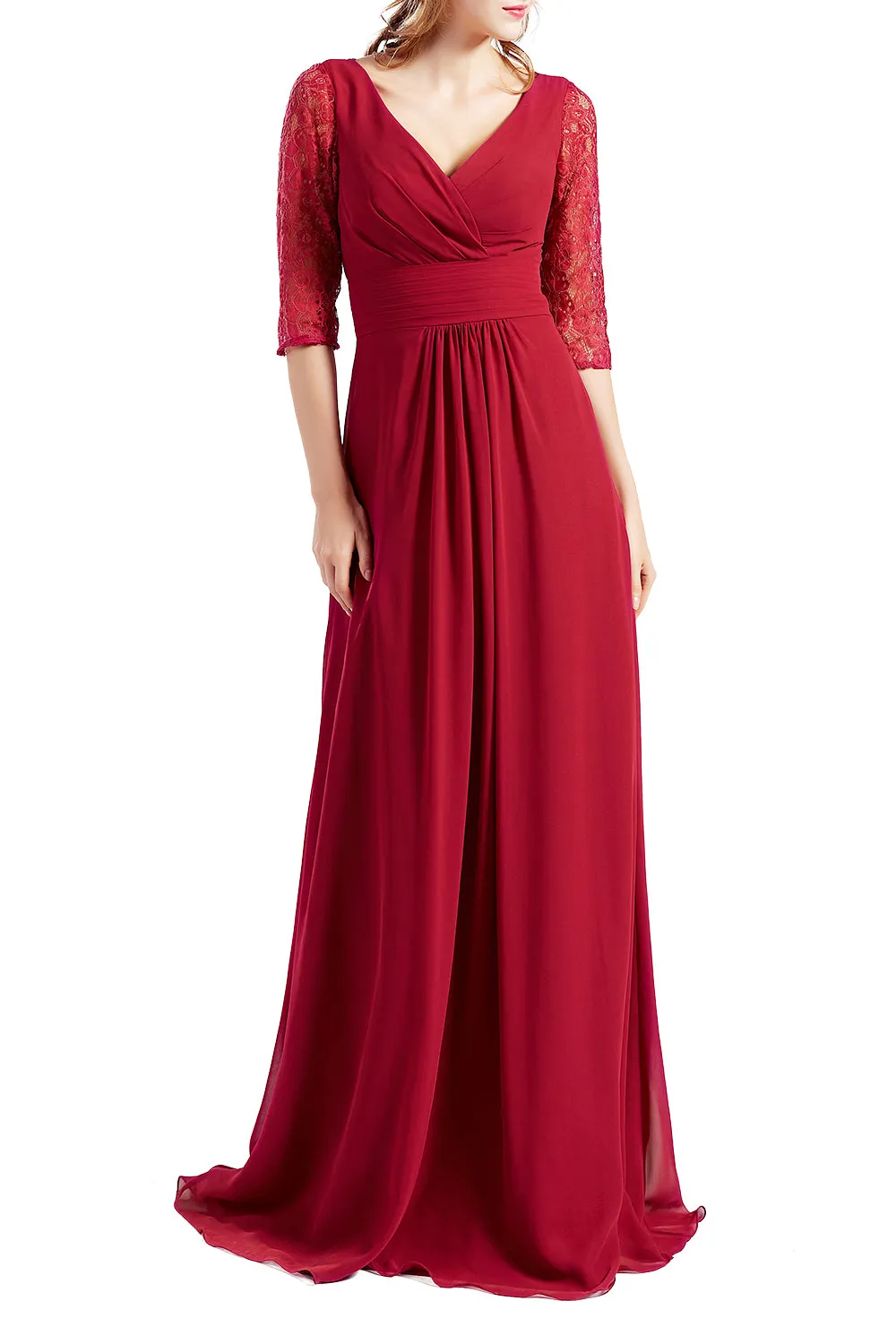 MACloth Women Half Sleeve V Neck Lace Long Wedding Party Bridesmaid Mother Dress