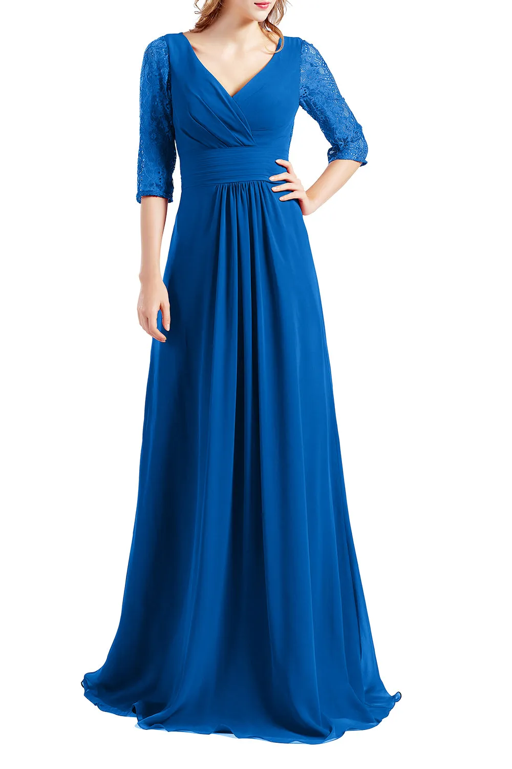 MACloth Women Half Sleeve V Neck Lace Long Wedding Party Bridesmaid Mother Dress