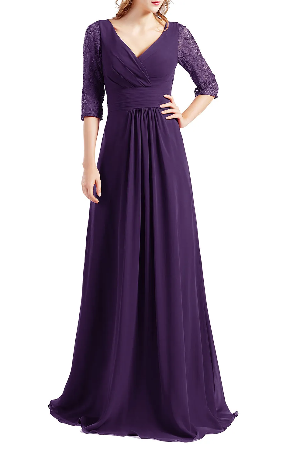 MACloth Women Half Sleeve V Neck Lace Long Wedding Party Bridesmaid Mother Dress