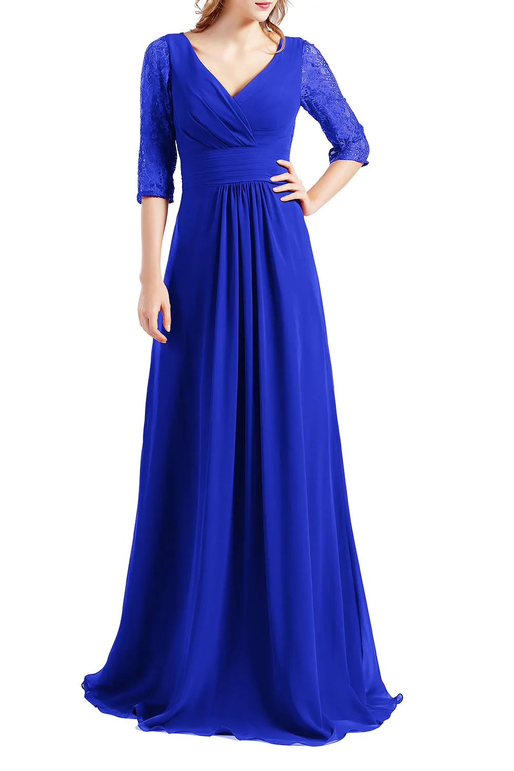 MACloth Women Half Sleeve V Neck Lace Long Wedding Party Bridesmaid Mother Dress