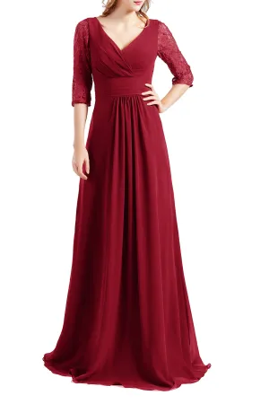 MACloth Women Half Sleeve V Neck Lace Long Wedding Party Bridesmaid Mother Dress
