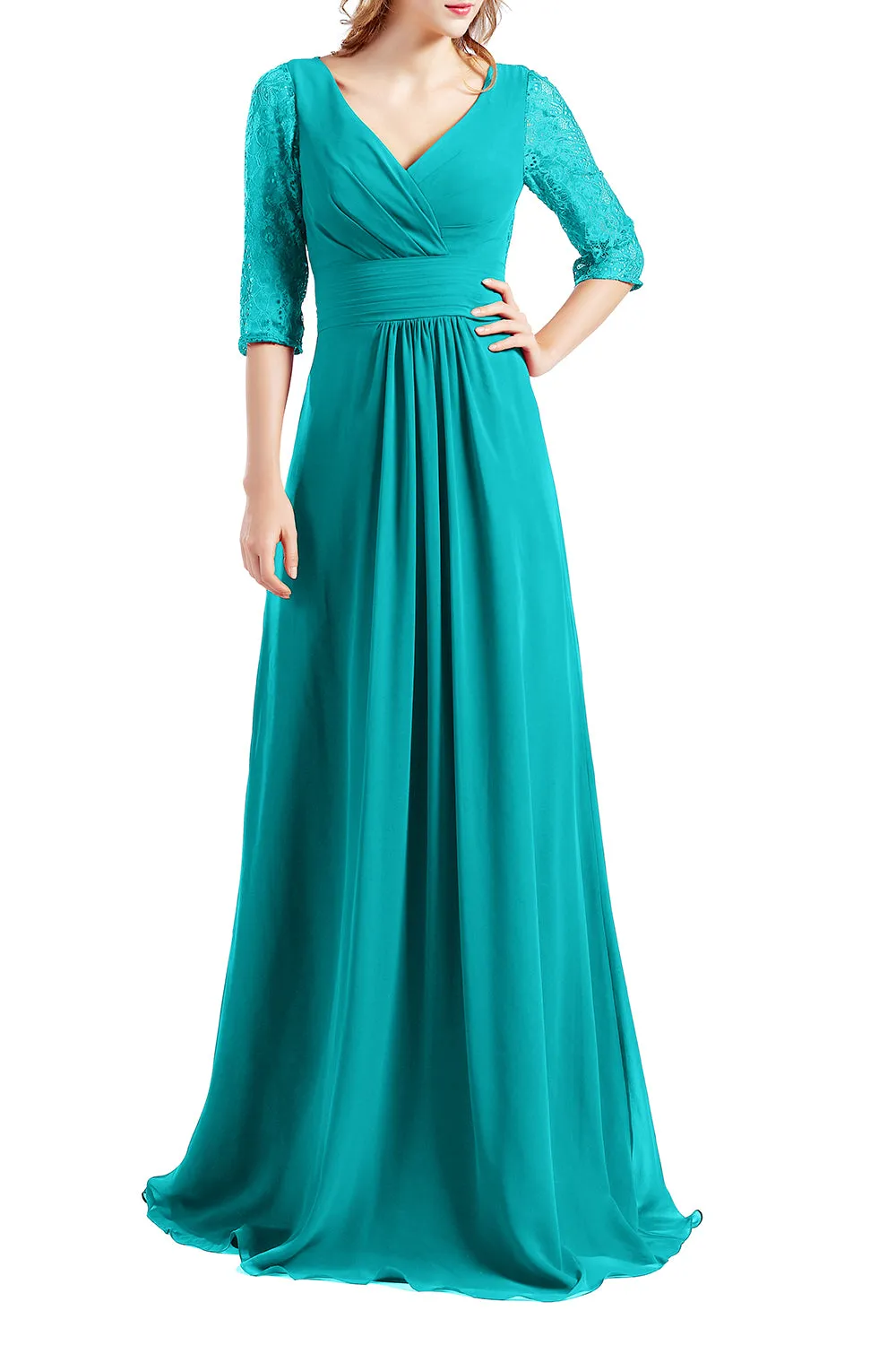 MACloth Women Half Sleeve V Neck Lace Long Wedding Party Bridesmaid Mother Dress