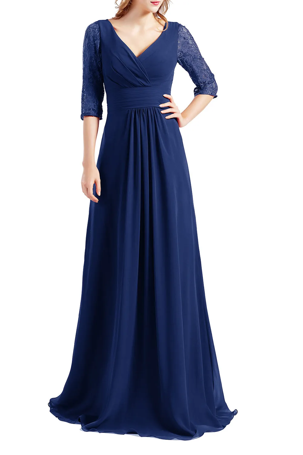 MACloth Women Half Sleeve V Neck Lace Long Wedding Party Bridesmaid Mother Dress