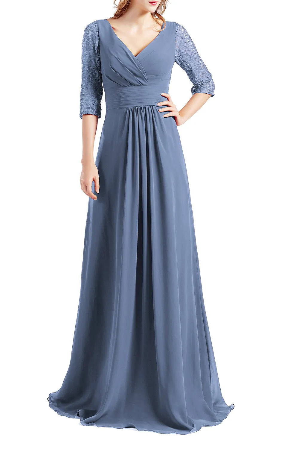 MACloth Women Half Sleeve V Neck Lace Long Wedding Party Bridesmaid Mother Dress