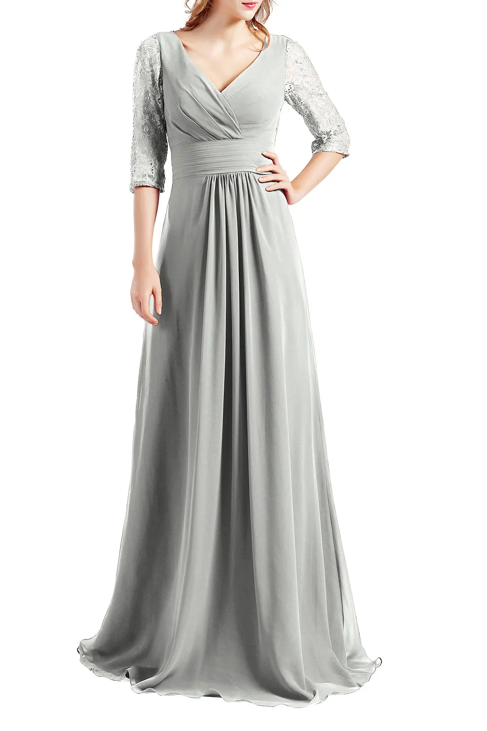MACloth Women Half Sleeve V Neck Lace Long Wedding Party Bridesmaid Mother Dress