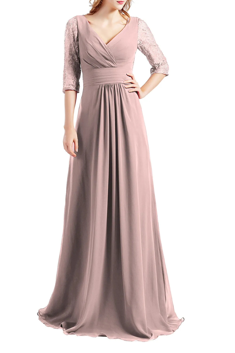 MACloth Women Half Sleeve V Neck Lace Long Wedding Party Bridesmaid Mother Dress