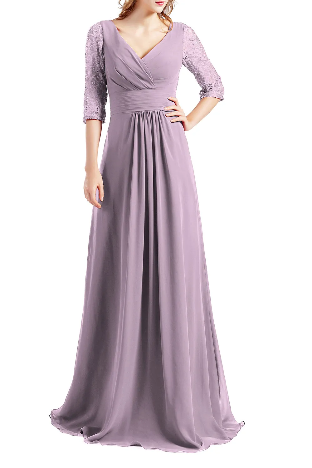 MACloth Women Half Sleeve V Neck Lace Long Wedding Party Bridesmaid Mother Dress