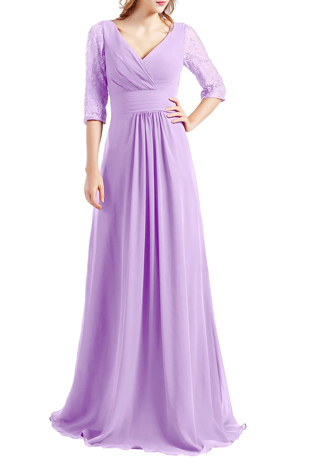 MACloth Women Half Sleeve V Neck Lace Long Wedding Party Bridesmaid Mother Dress