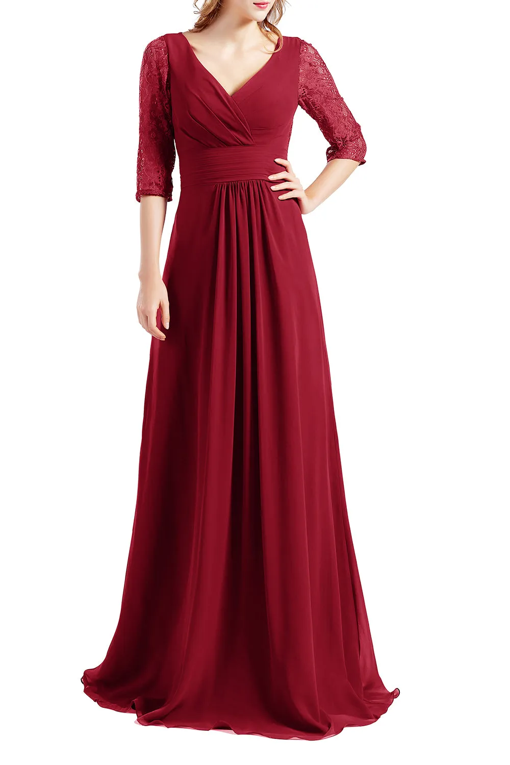MACloth Women Half Sleeve V Neck Lace Long Wedding Party Bridesmaid Mother Dress