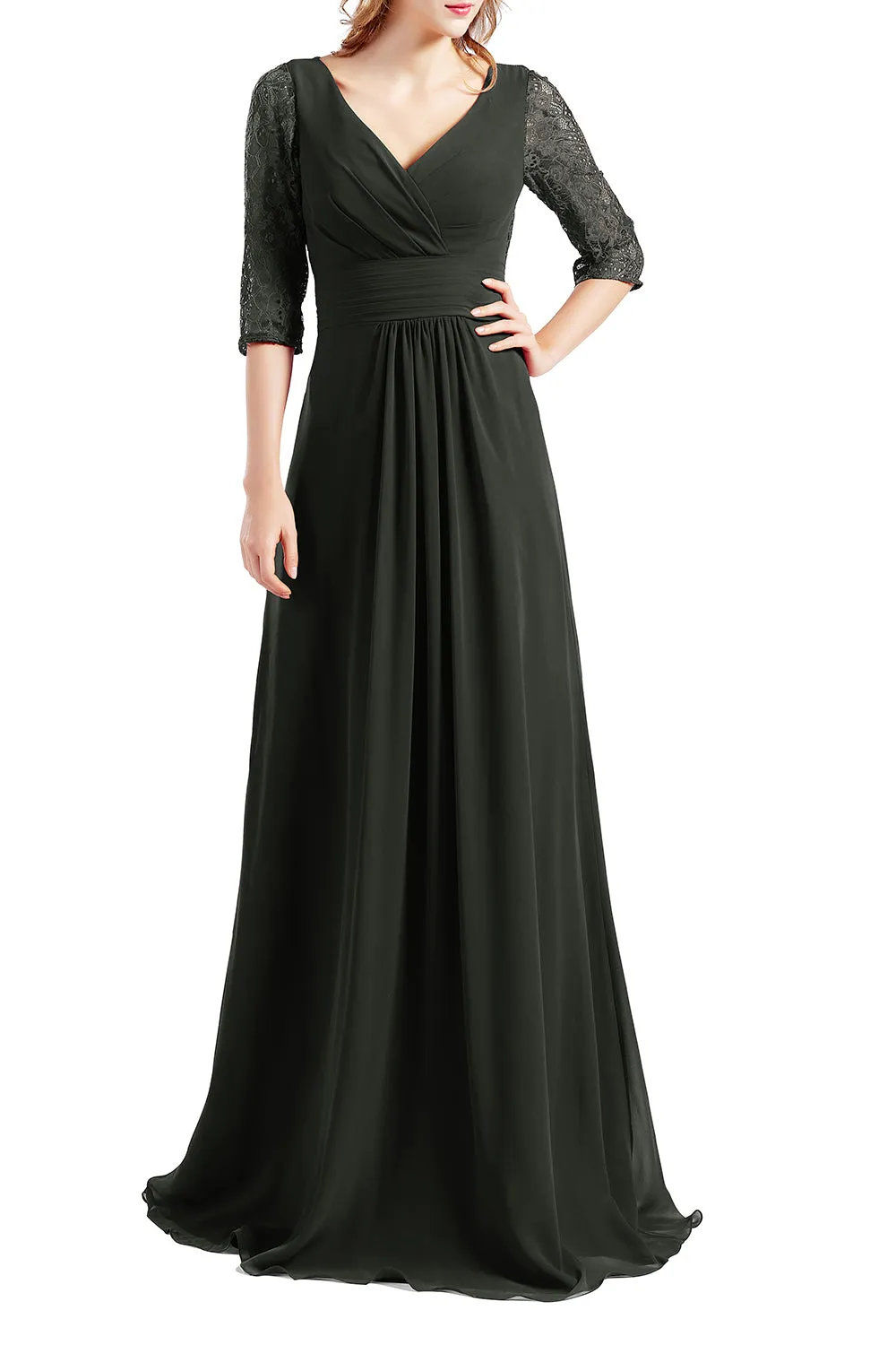 MACloth Women Half Sleeve V Neck Lace Long Wedding Party Bridesmaid Mother Dress