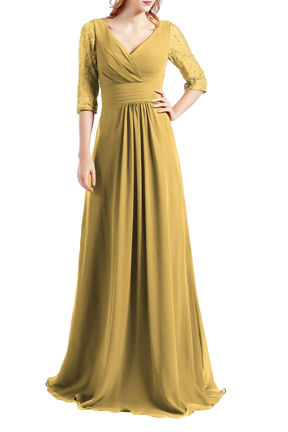 MACloth Women Half Sleeve V Neck Lace Long Wedding Party Bridesmaid Mother Dress