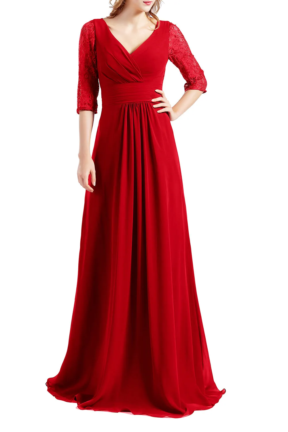 MACloth Women Half Sleeve V Neck Lace Long Wedding Party Bridesmaid Mother Dress