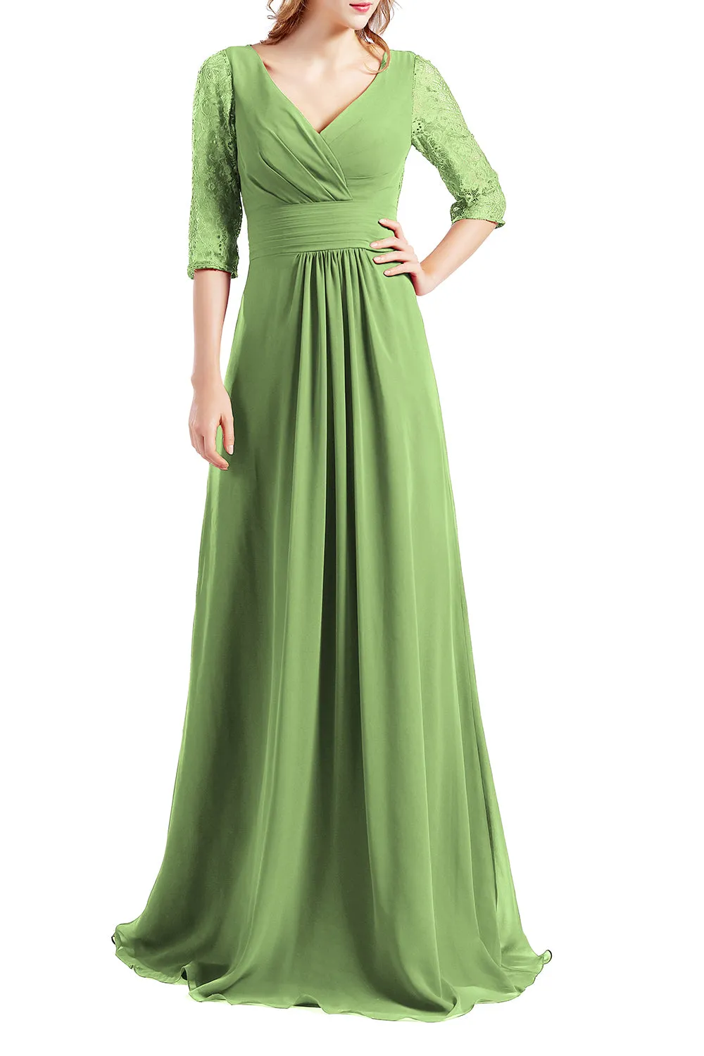 MACloth Women Half Sleeve V Neck Lace Long Wedding Party Bridesmaid Mother Dress