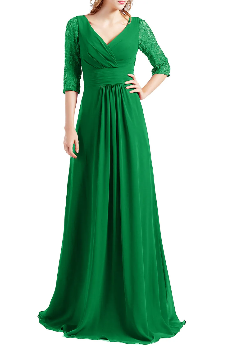 MACloth Women Half Sleeve V Neck Lace Long Wedding Party Bridesmaid Mother Dress