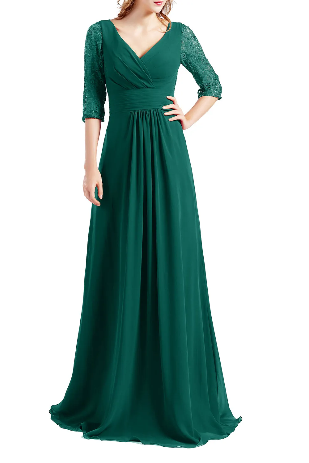 MACloth Women Half Sleeve V Neck Lace Long Wedding Party Bridesmaid Mother Dress