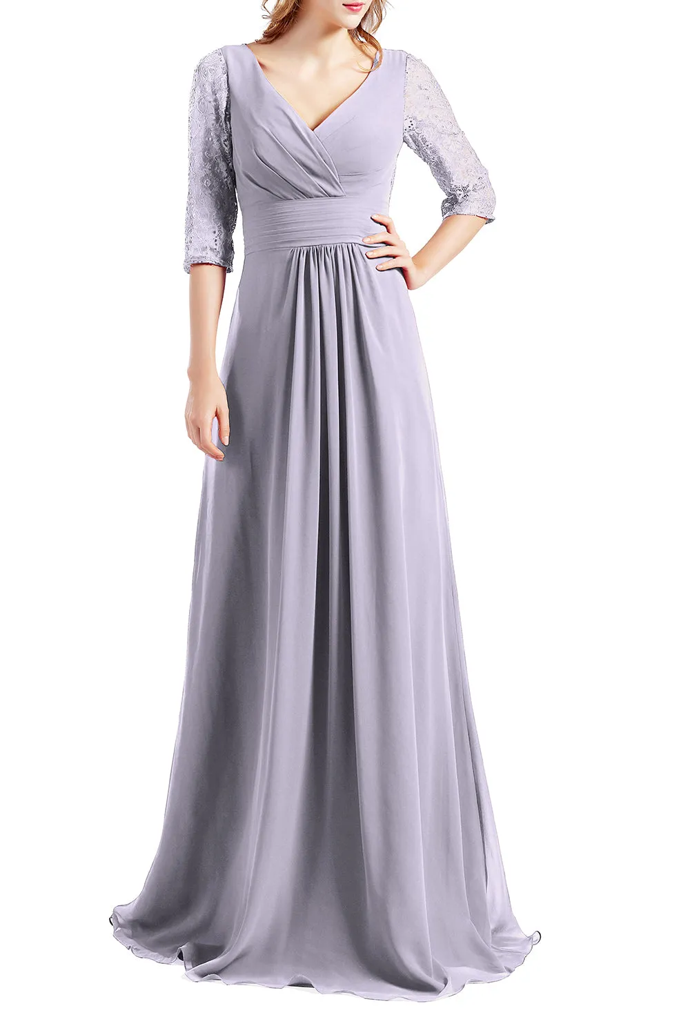 MACloth Women Half Sleeve V Neck Lace Long Wedding Party Bridesmaid Mother Dress