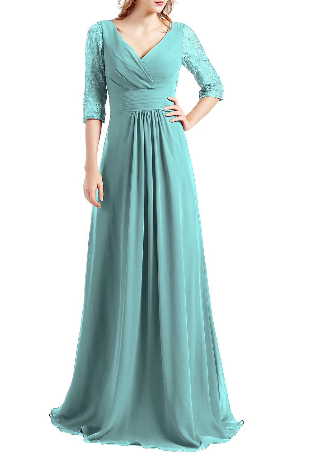 MACloth Women Half Sleeve V Neck Lace Long Wedding Party Bridesmaid Mother Dress