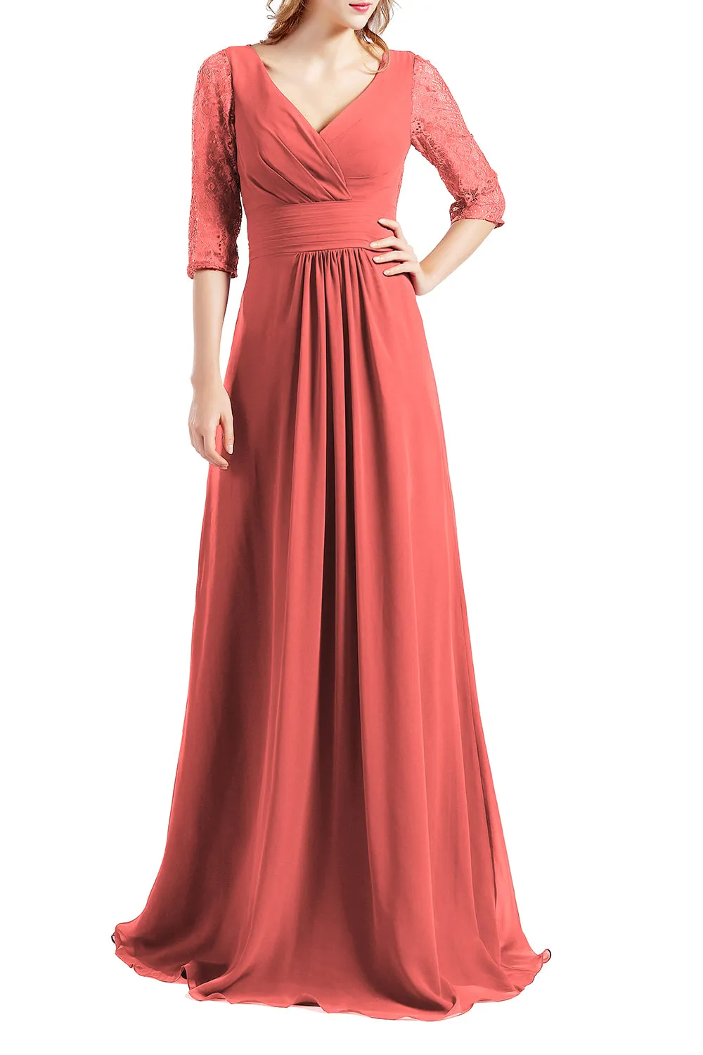MACloth Women Half Sleeve V Neck Lace Long Wedding Party Bridesmaid Mother Dress