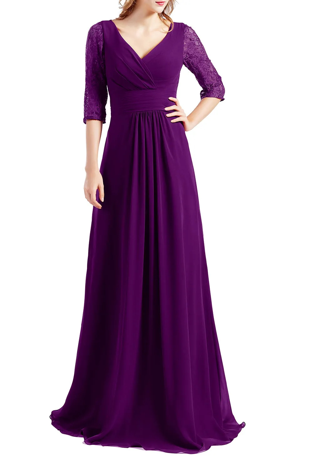 MACloth Women Half Sleeve V Neck Lace Long Wedding Party Bridesmaid Mother Dress