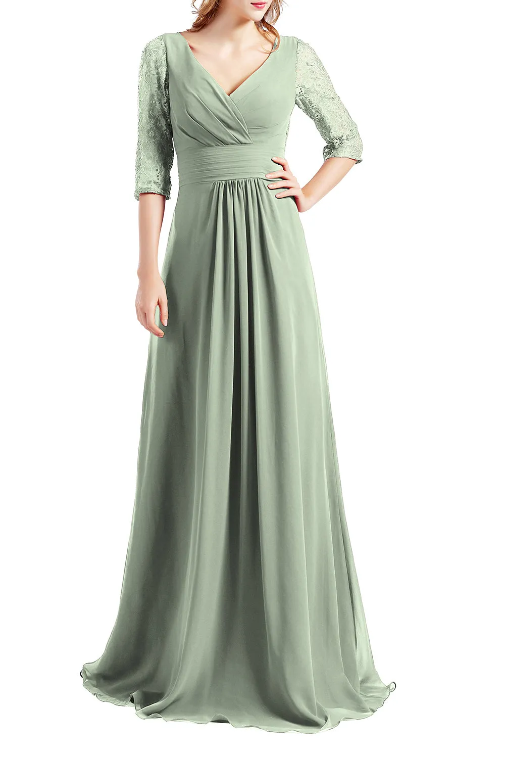MACloth Women Half Sleeve V Neck Lace Long Wedding Party Bridesmaid Mother Dress