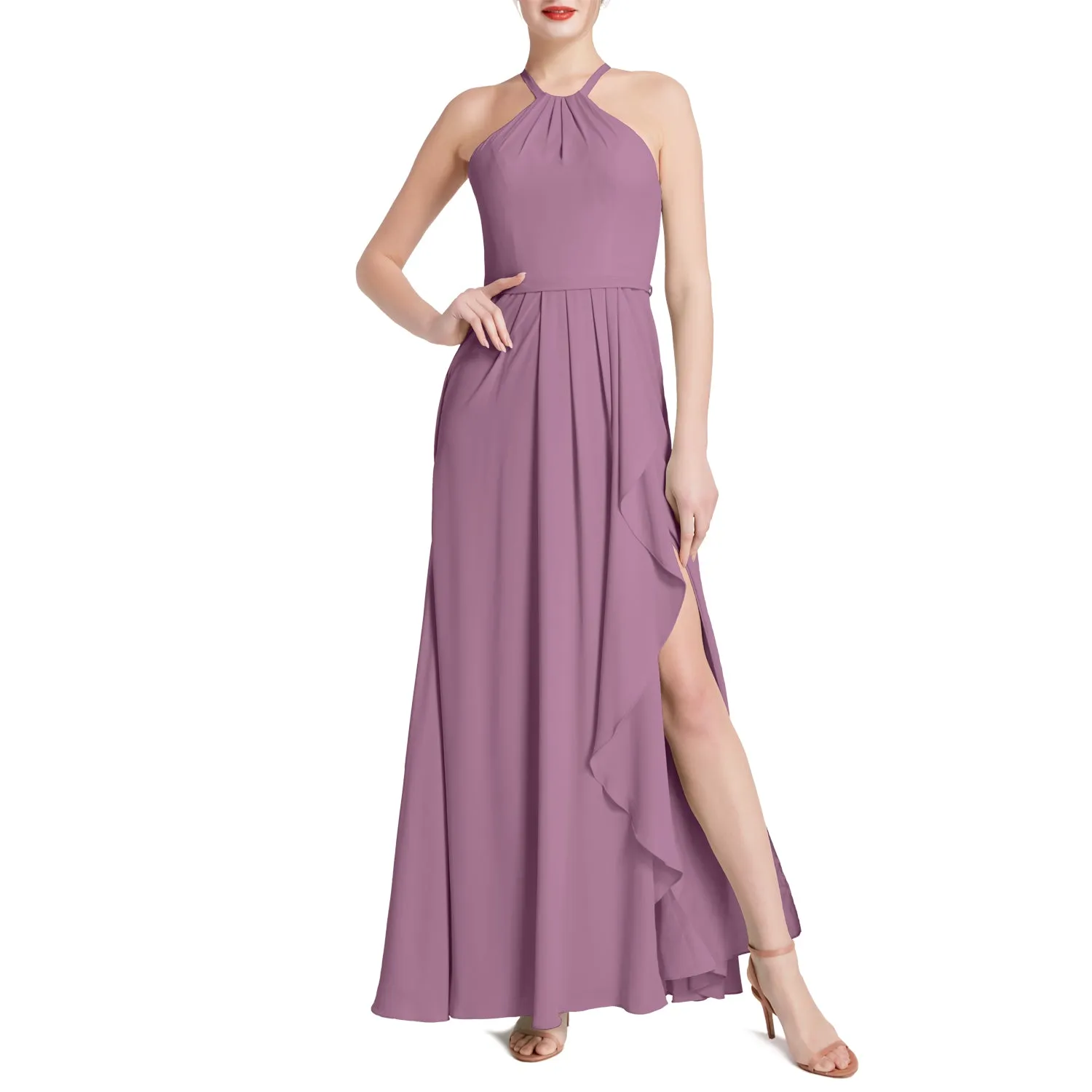 MACloth Women Halter Long Maxi Wedding Party Bridesmaid Dresses with Drape Slit