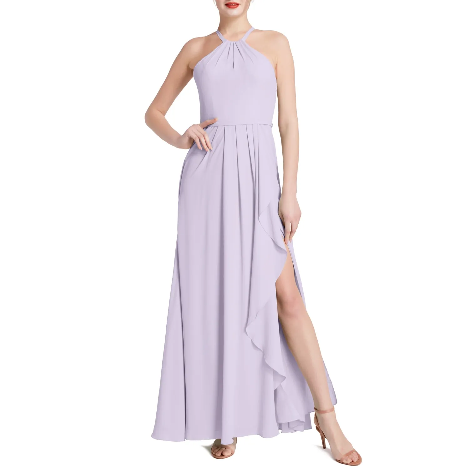 MACloth Women Halter Long Maxi Wedding Party Bridesmaid Dresses with Drape Slit