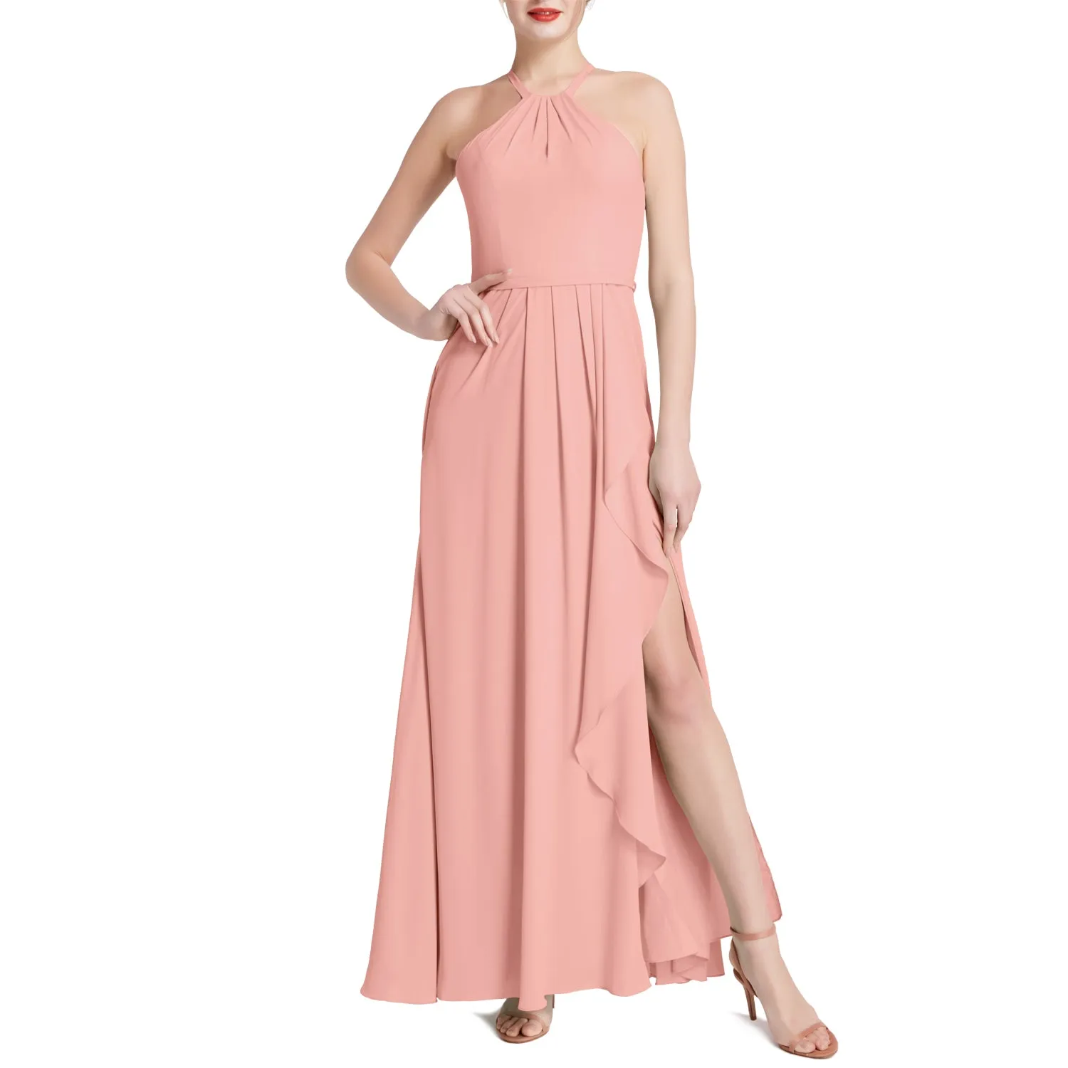MACloth Women Halter Long Maxi Wedding Party Bridesmaid Dresses with Drape Slit