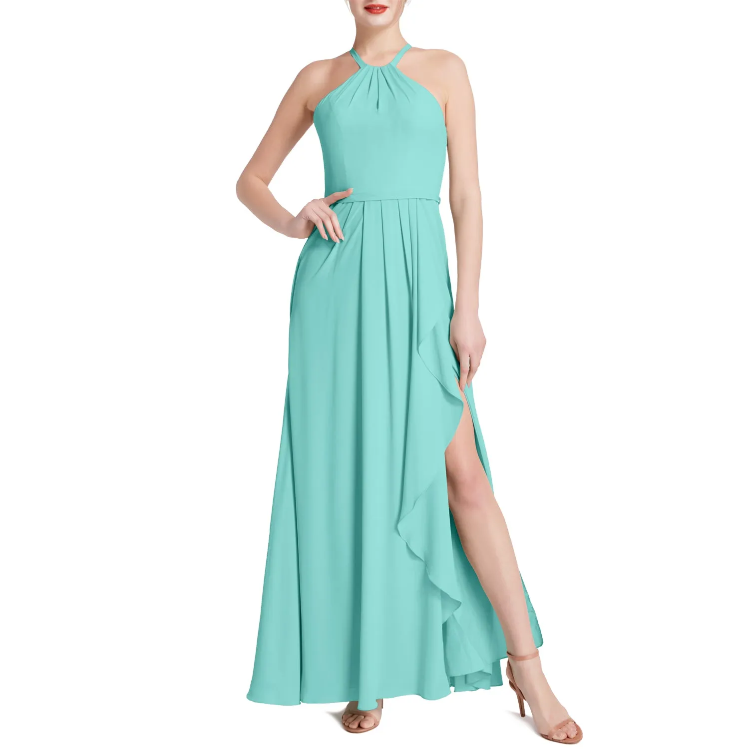 MACloth Women Halter Long Maxi Wedding Party Bridesmaid Dresses with Drape Slit